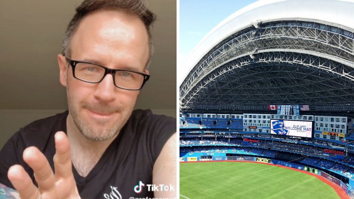 TikToker Professor Neil talking about the history of the Rogers Centre. Right: The Rogers Centre on a sunny day.