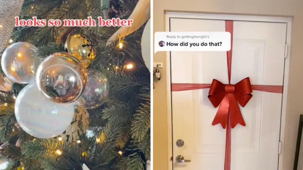 TikToker @sunshinethedoggo's bauble hack. Right: TikToker @being_bianca's door decoration.