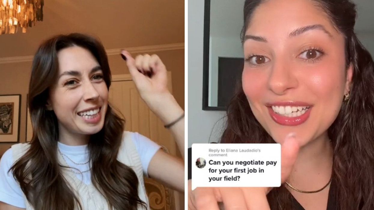 TikToker talking about how to negotiate a salary. Right: Recruiter talking about if you can negotiate pay at your first job.