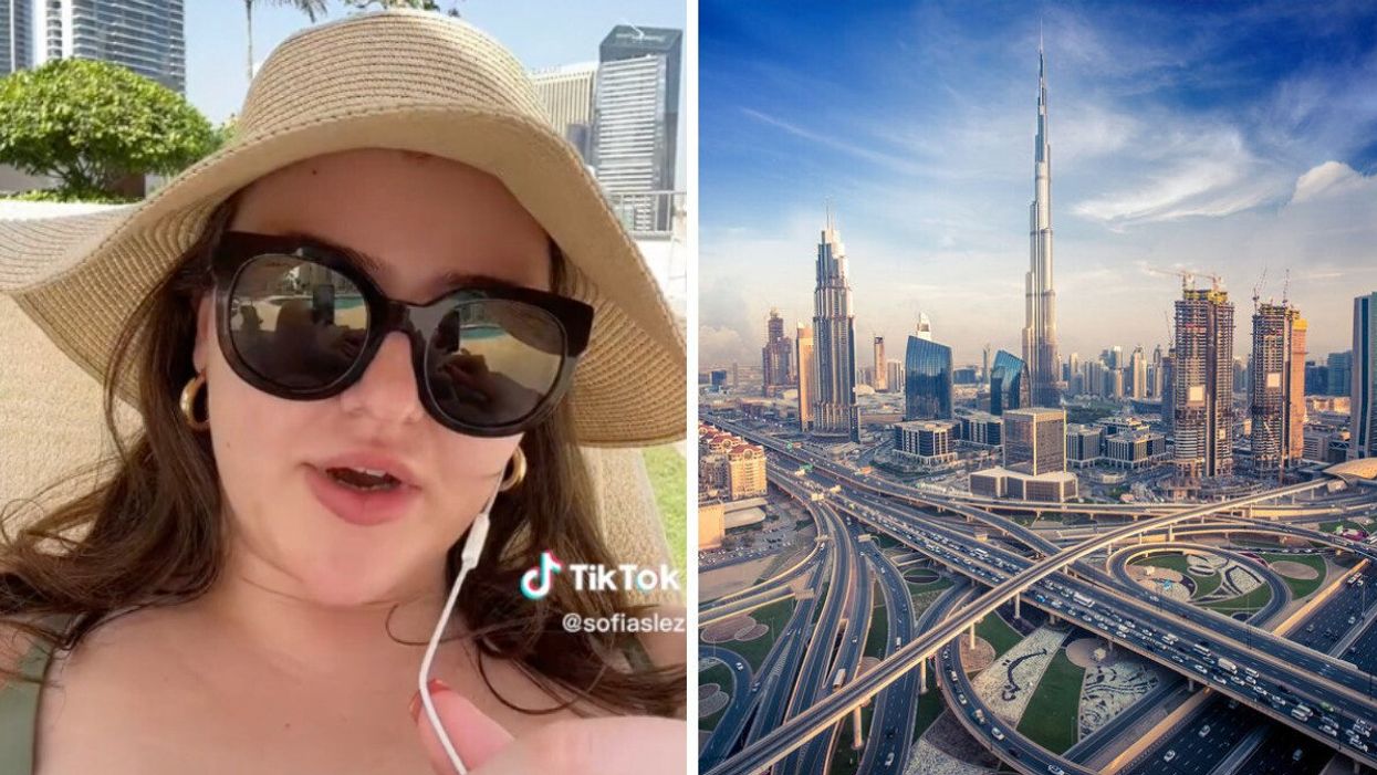 TikToker talking about why she moved to Dubai. Right: Dubai skyline.