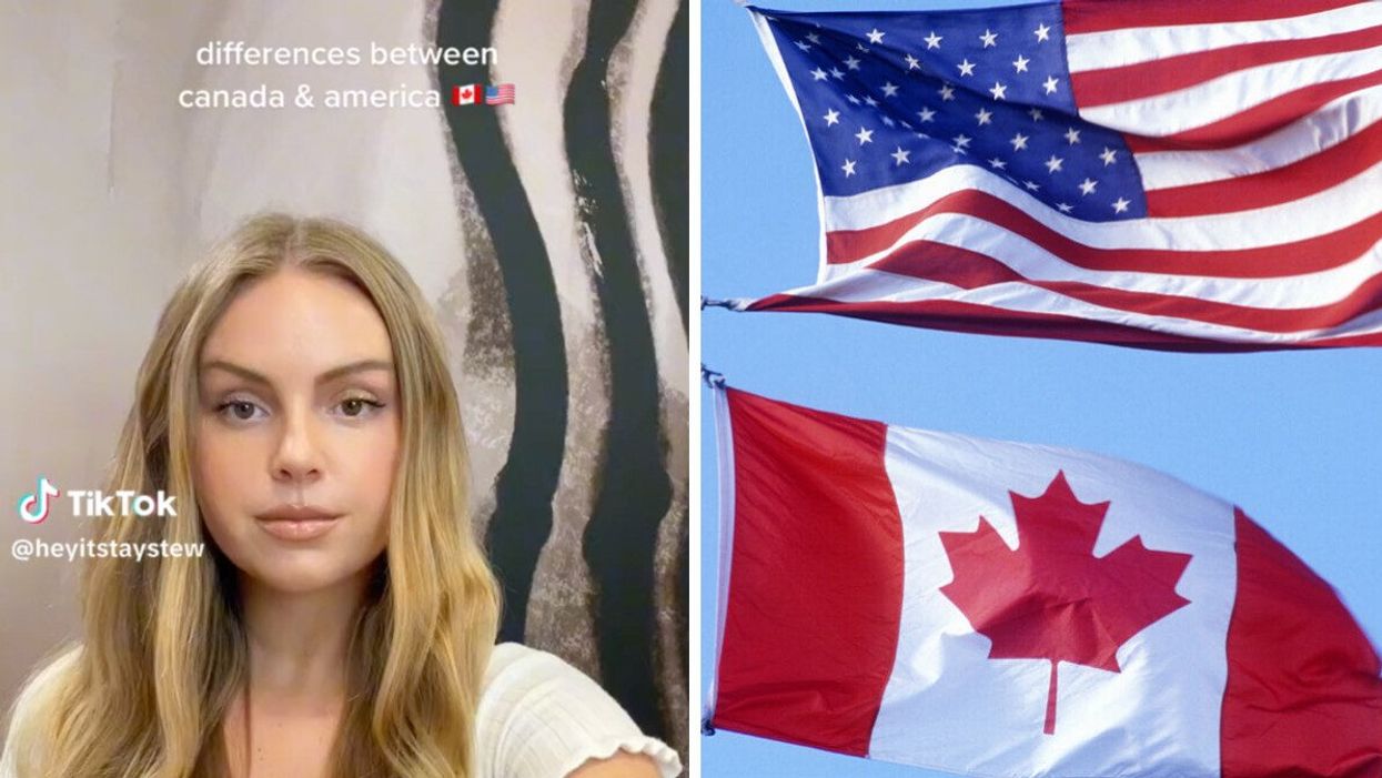 TikToker Taylor Stewart. Right: The U.S. and Canadian flags.