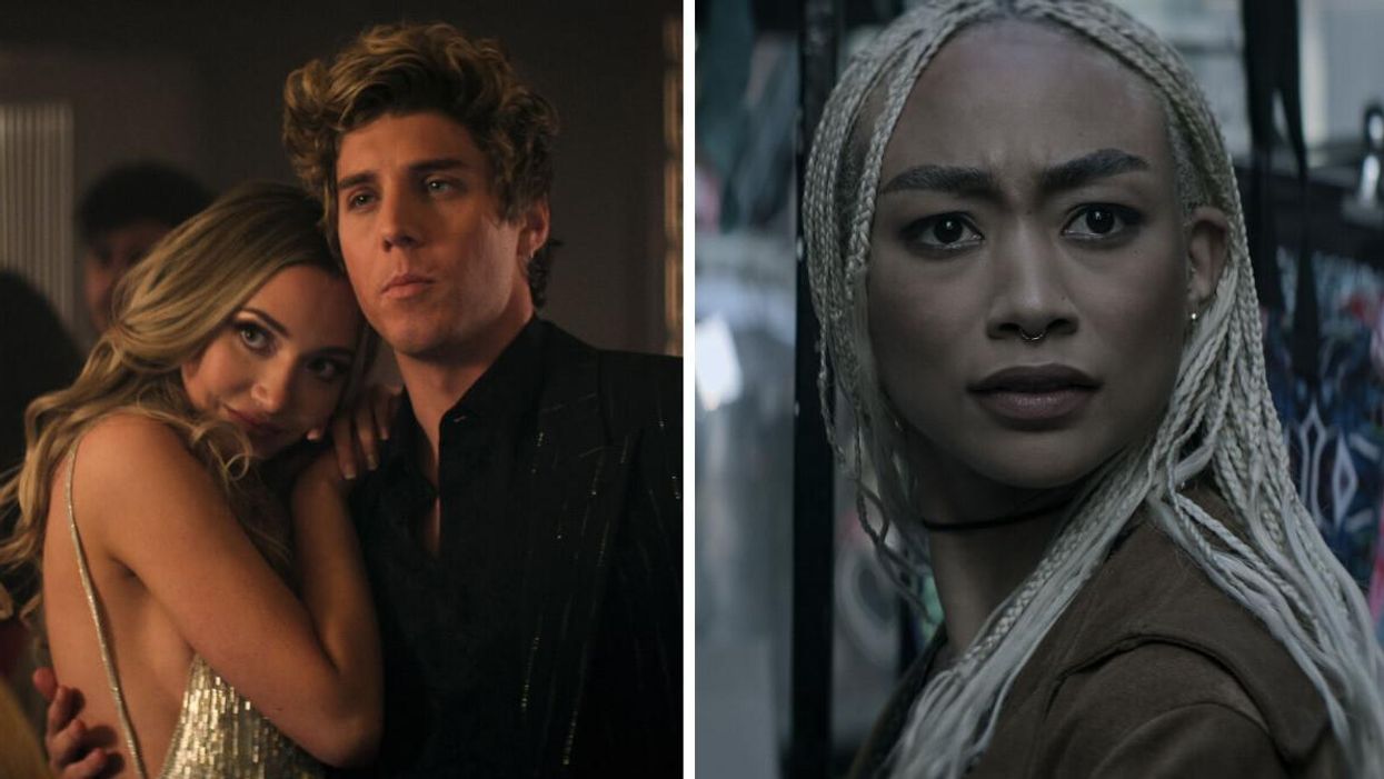Tilly Keeper as Lady Phoebe and Lukas Gage as Adam Pratt. Right: Tati Gabrielle as Marienne Bellamy.