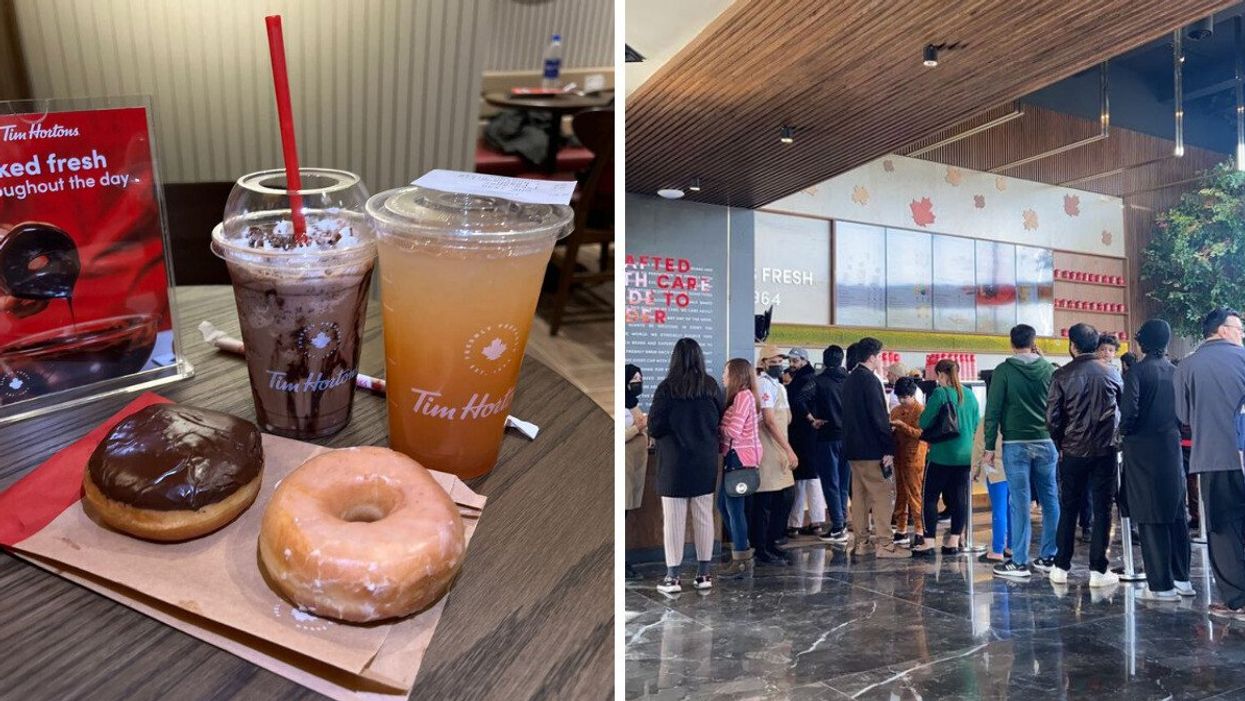 Tim Horton Pakistan menu items. Right: People waiting in line at the Tim Horton Pakistan.