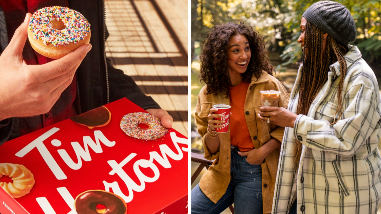 Tim Horton's donut box. Right: Two women holding Tim Horton's coffee cups.