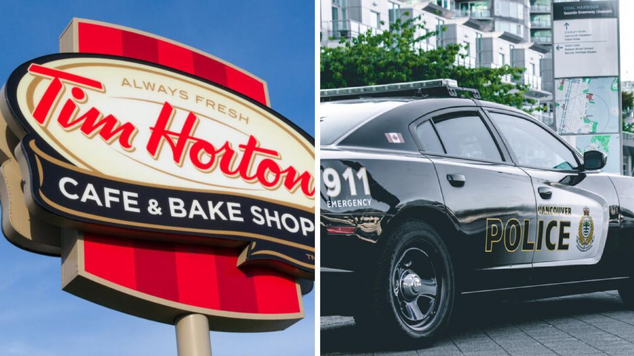 Tim Horton's sign. Right: Vancouver Police vehicle.