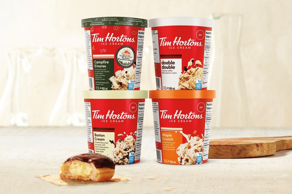 Tim Hortons Boston Cream Ice Cream, Double Double Ice Cream, Maple Crunch Ice Cream and Campfire S'mores Ice Cream.