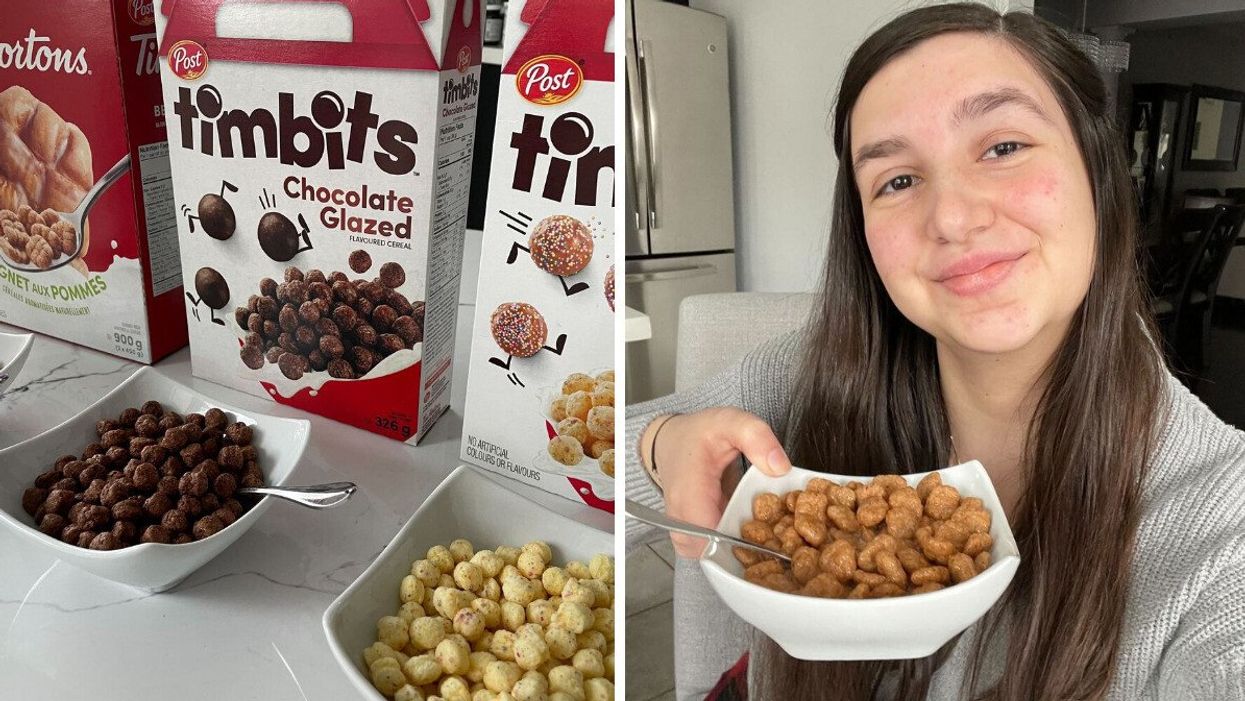 Tim Hortons cereals in bowls with the boxes behind them. Right: Lisa Belmonte holding a bowl of Tim Hortons Apple Fritter Cereal.
