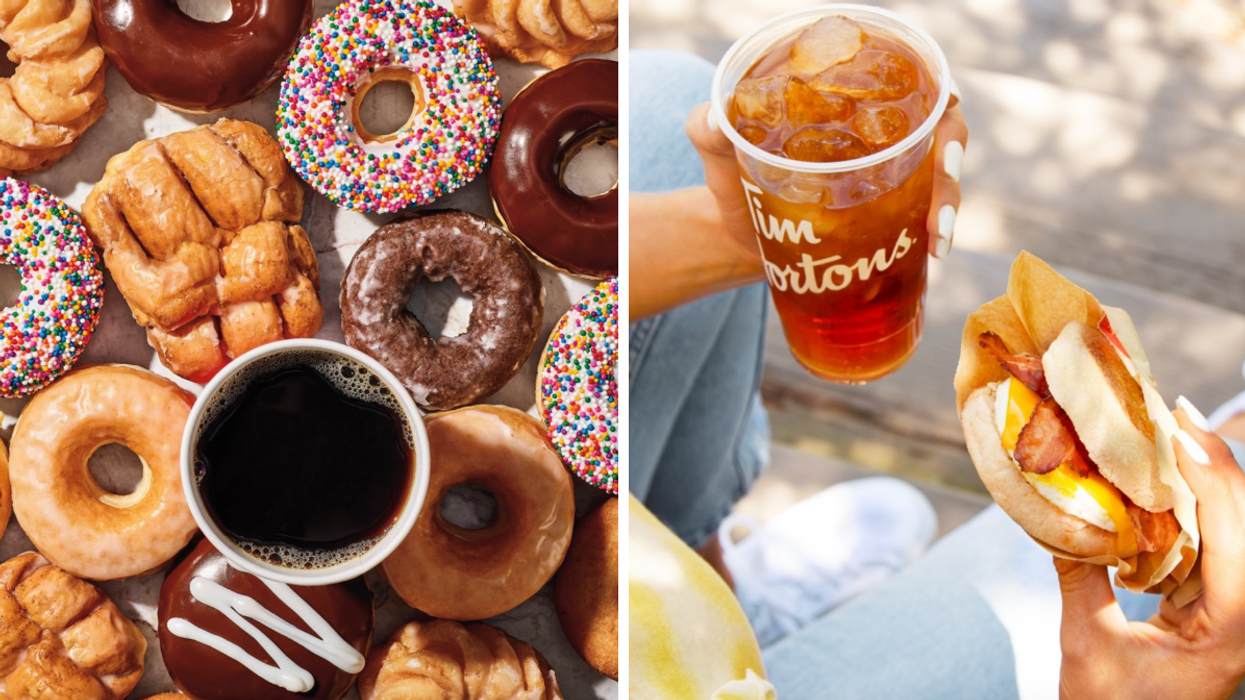 Tim Hortons coffee surrounded by donuts. Right: A cold beverage with a breakfast sandwich.