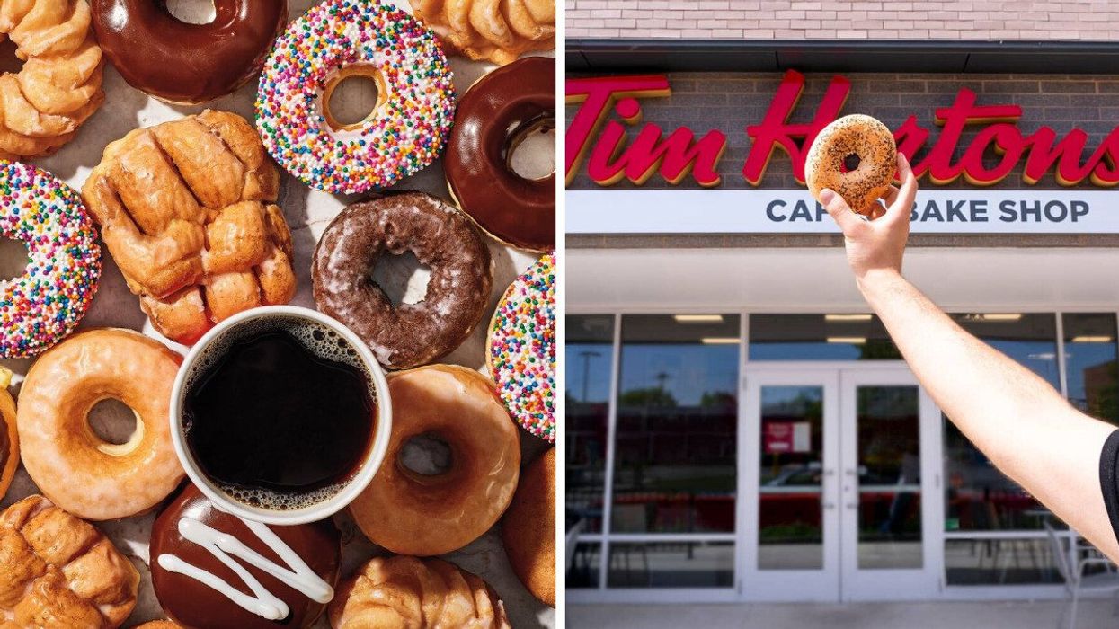 Tim Hortons donuts and a coffee. Right: Person holding a bagel in front of a Tim Hortons location.
