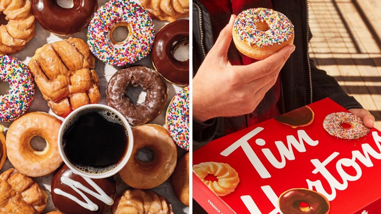 Tim Hortons donuts and a coffee. Right: Person holding a Tim Hortons donut and a box of donuts.