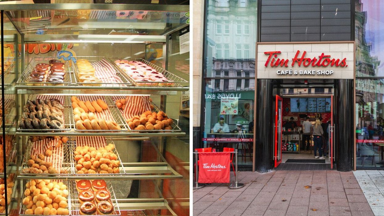 Tim Hortons doughnuts. Right: A Tim Hortons coffee shop.