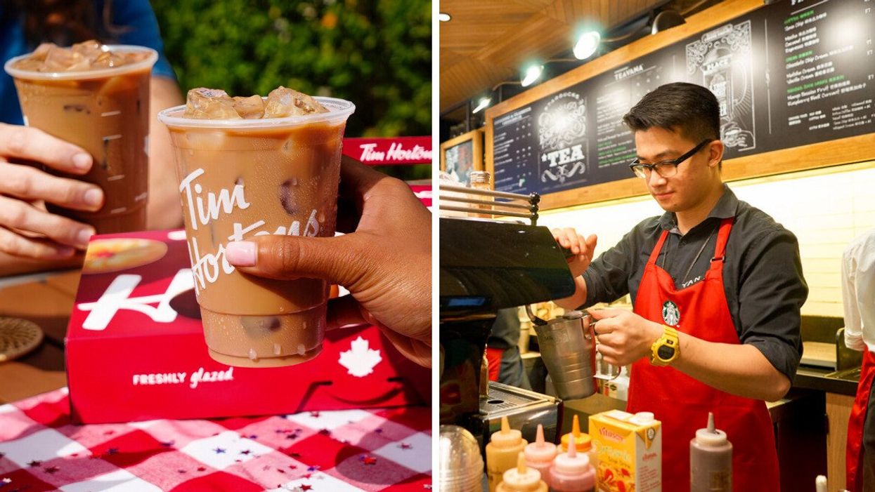 Tim Hortons drinks. Right: A Starbucks barista.