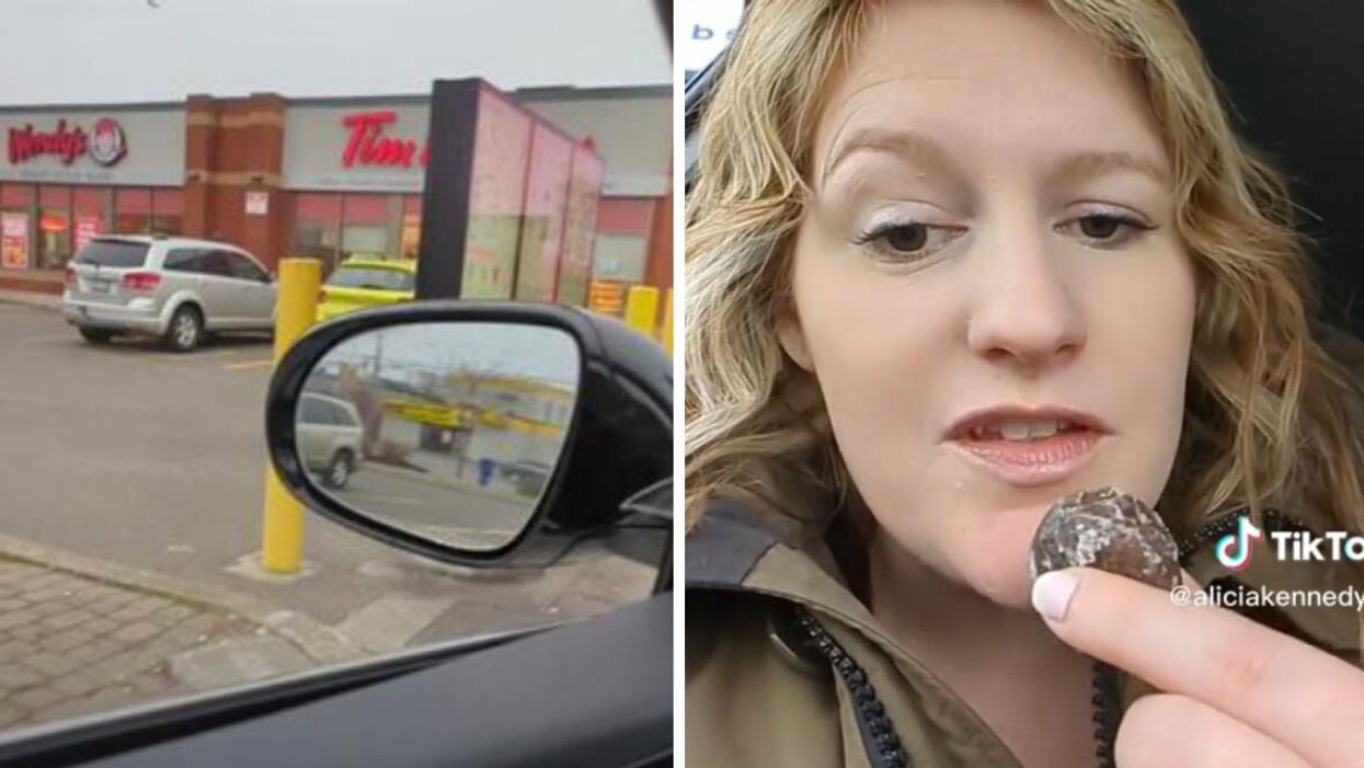 Tim Hortons drive-thru. Right: Alicia Kennedy eating Timbits.