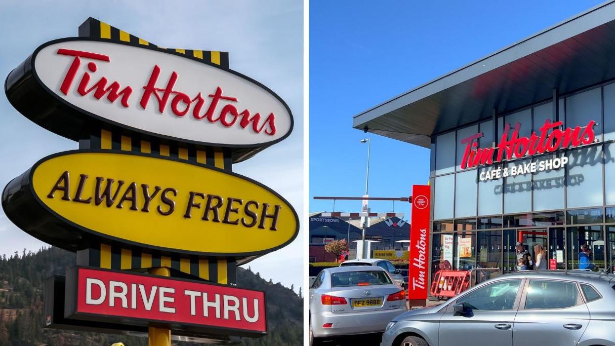 Tim Hortons drive-thru sign. Right: Cars lined up in the drive-thru at a Tim Hortons location.