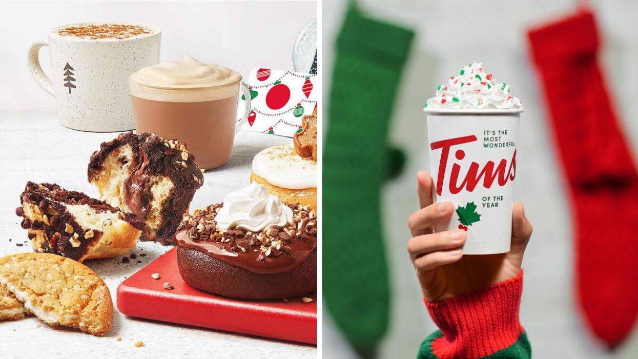 Tim Hortons holiday menu items that are available in Canada. Right: Tim Hortons peppermint holiday drink that's available in the U.S.