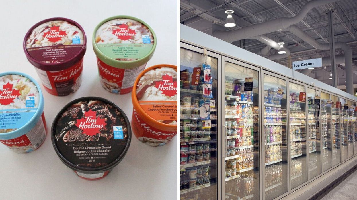 Tim Hortons ice cream tubs with the previous flavours. Right: Ice cream aisle at a grocery store.