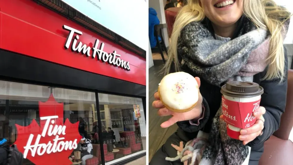 Tim Hortons in Manchester, England. Right: Helena holding her Tim Hortons order.