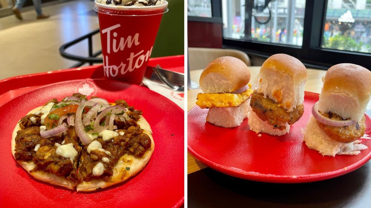 Tim Hortons India's coffee and chole and cheese kulcha. Right: Tim Hortons India sliders.
