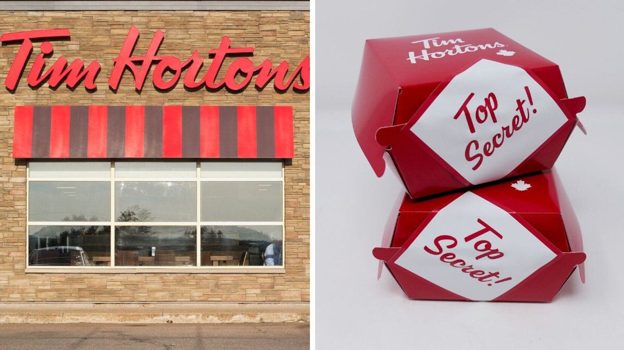 Tim Hortons location in Canada. Right: Tim Hortons donut containers with "top secret" stickers on them.