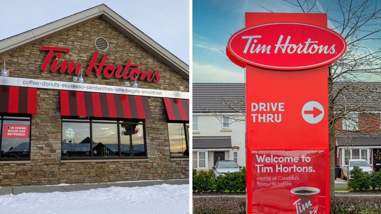Tim Hortons location in Edmonton. Right: Tim Hortons drive-thru sign.