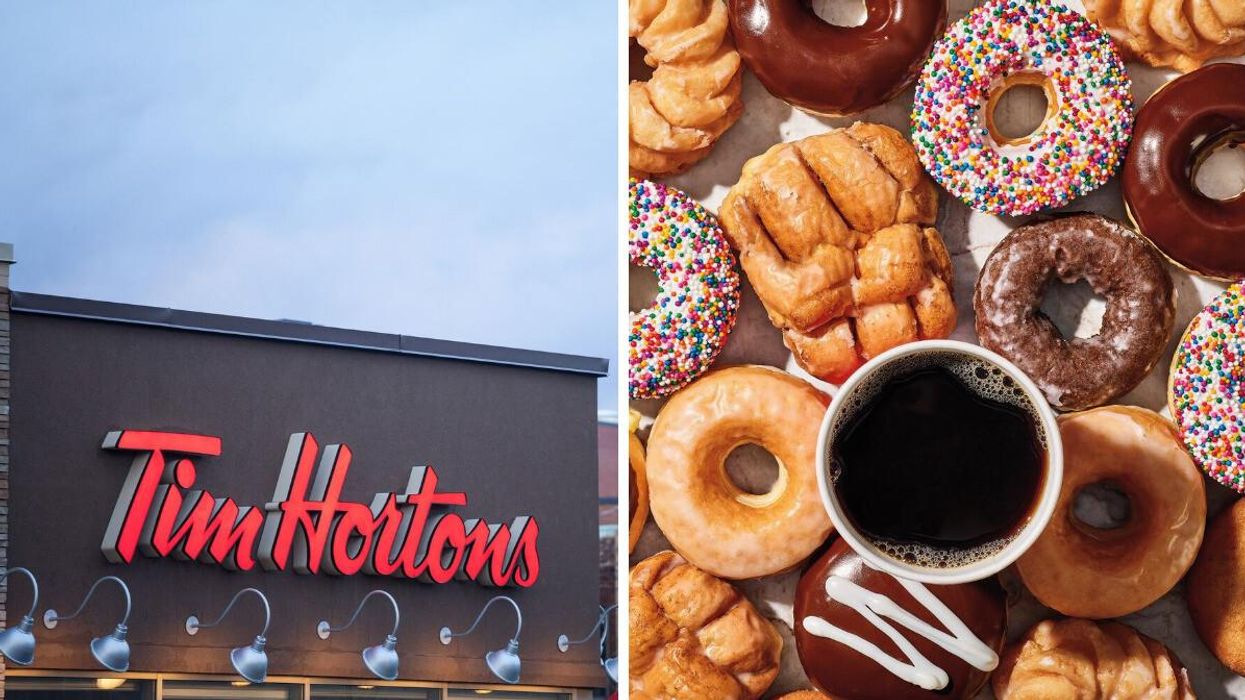 Tim Hortons location in Montreal. Right: Tim Hortons donuts around a cup of Tim Hortons coffee.