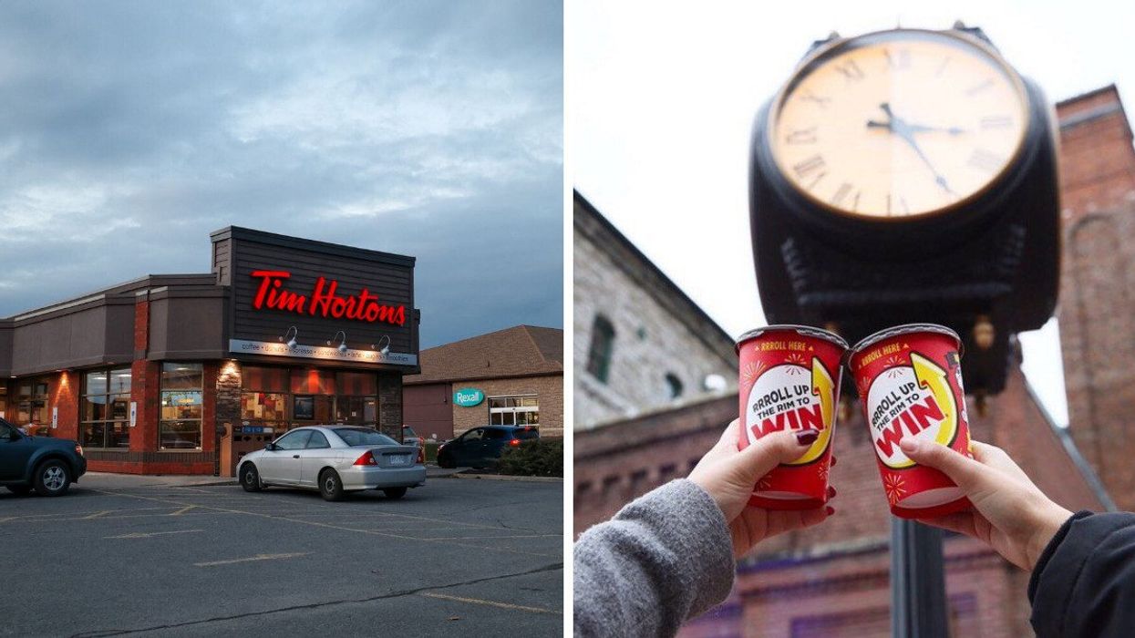 Tim Hortons location in Ontario. Right: People holding Tim Hortons Roll Up To Win cups.