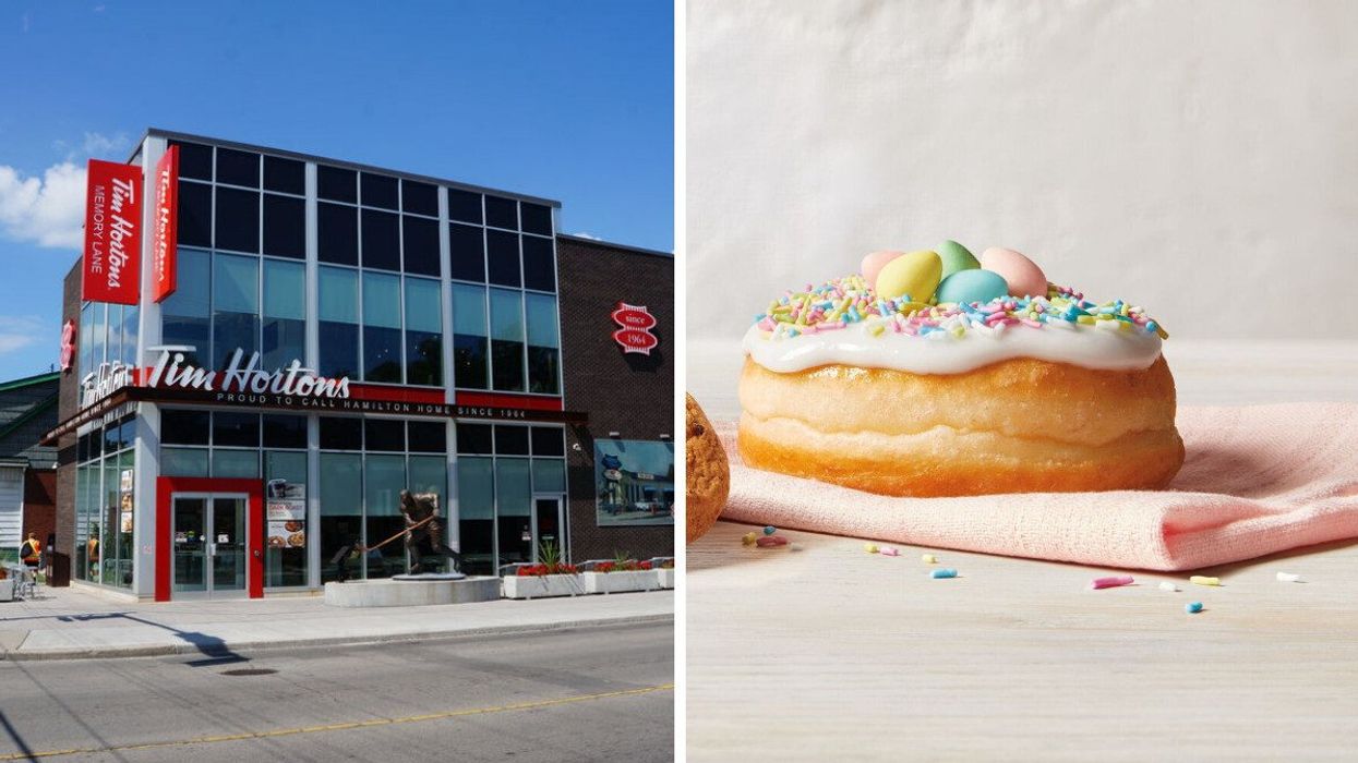 Tim Hortons location in Ontario. Right: Tim Hortons Cadbury Mini Eggs Dream Donut.