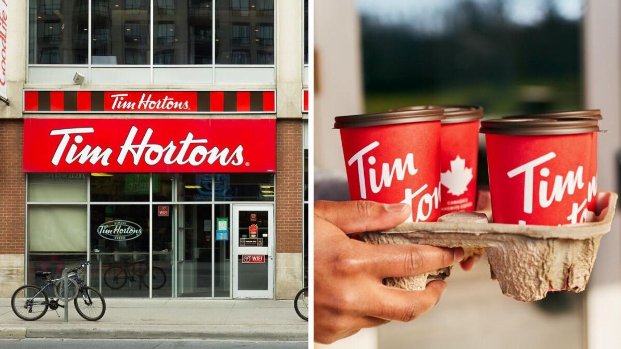 Tim Hortons location in Toronto. Right: Person holding a tray of Tim Hortons coffees.