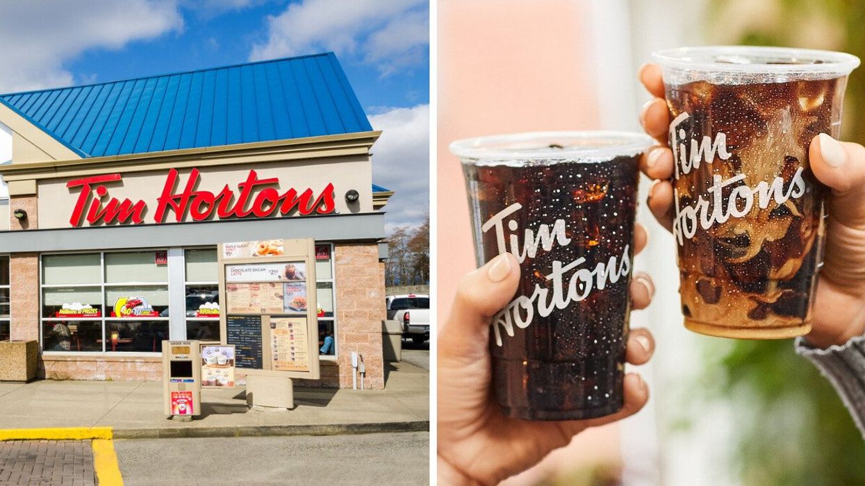 Tim Hortons location in Vancouver. Right: People holding Tim Hortons Cold Brews.