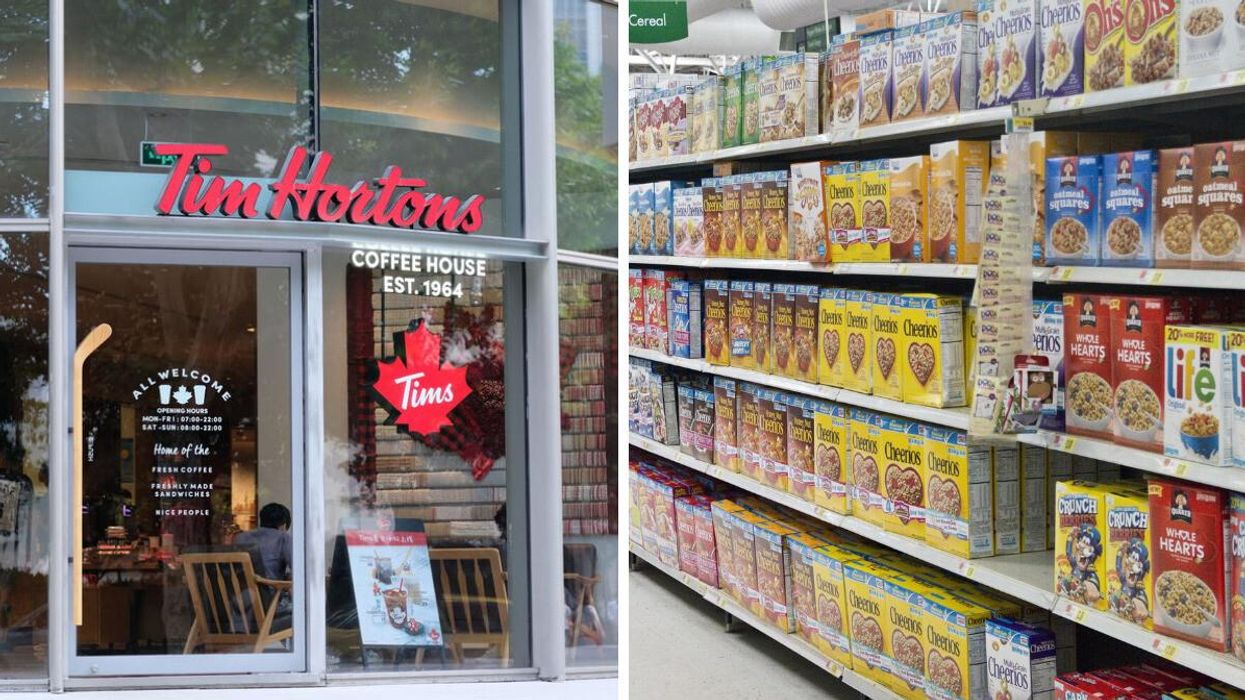 Tim Hortons location. Right: Cereal aisle in a grocery store.