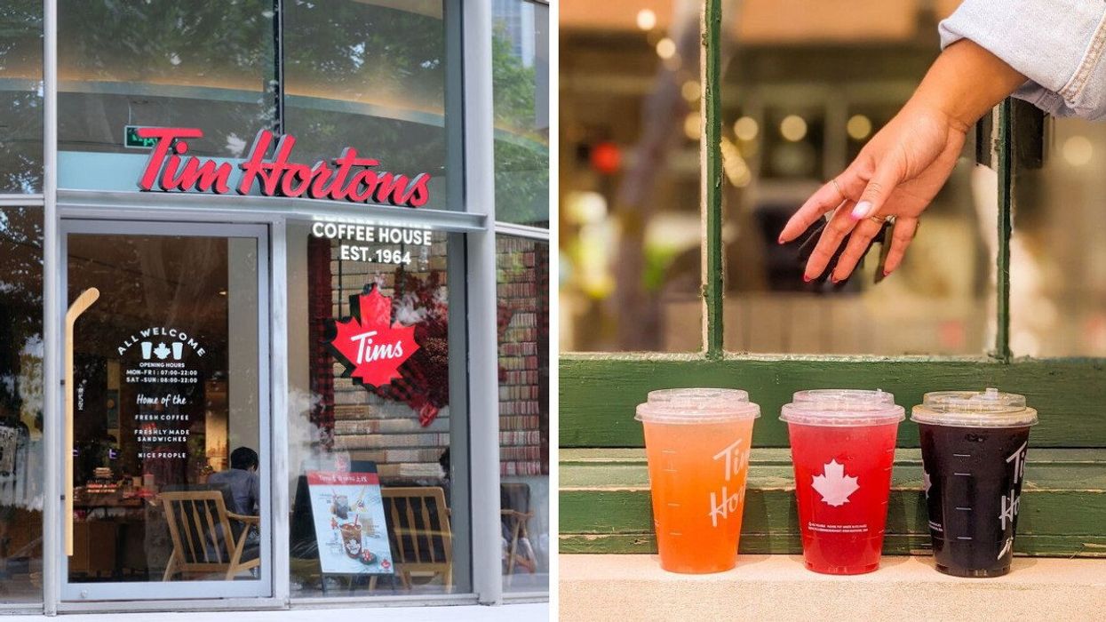 Tim Hortons location. Right: Person reaching for Tim Hortons Quenchers.