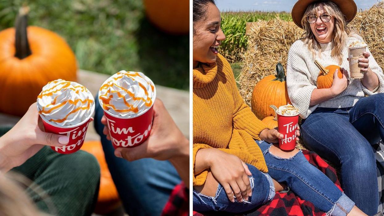 Tim Hortons Pumpkin Spice Lattes. Right: People holding Tim Hortons fall drinks in a pumpkin patch.