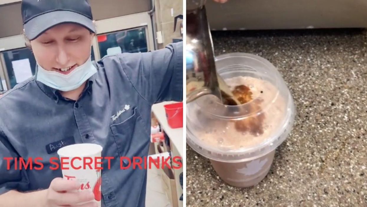 Tim Hortons secret drink shared by TikToker basstaraustin. Right: Coffee Crisp drink hack shared by TikToker kaitbeck18.