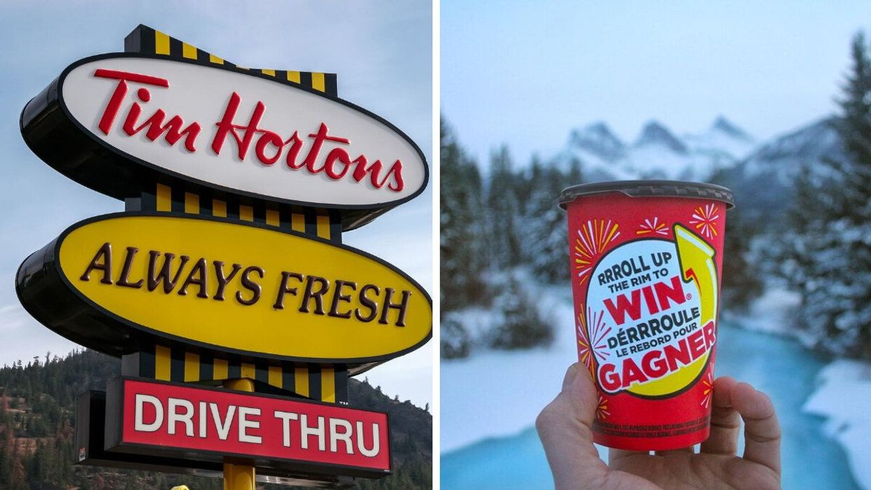 tim hortons sign at a location in bc. right: person holding a roll up the rim cup during winter