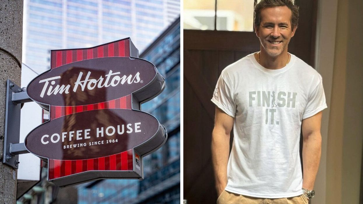 tim hortons sign outside a store in toronto. right: ryan reynolds.