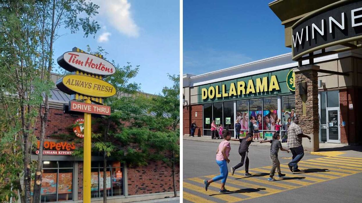 Tim Hortons sign. Right: A Dollarama store.