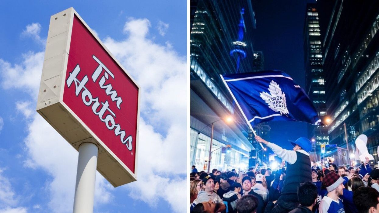 Tim Hortons sign. Right: Toronto Maple Leafs fans celebrating.