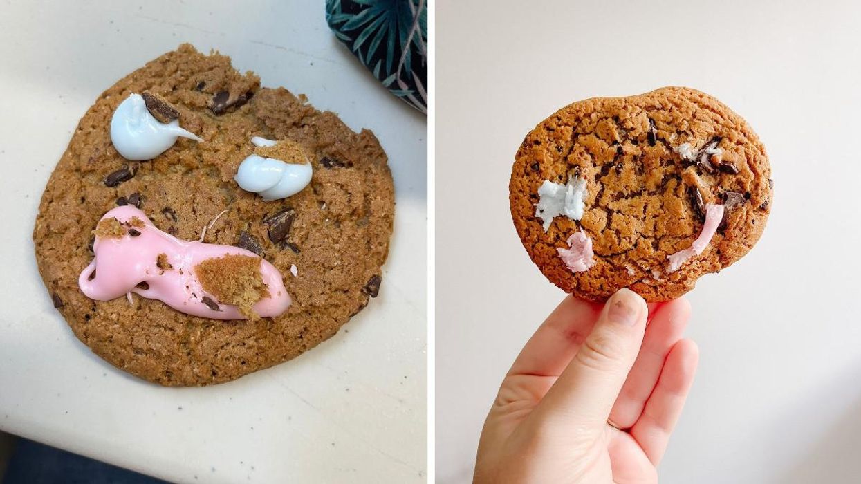Tim Hortons Smile Cookie that looks angry. Right: Smile Cookie with one eye and part of the smile missing.