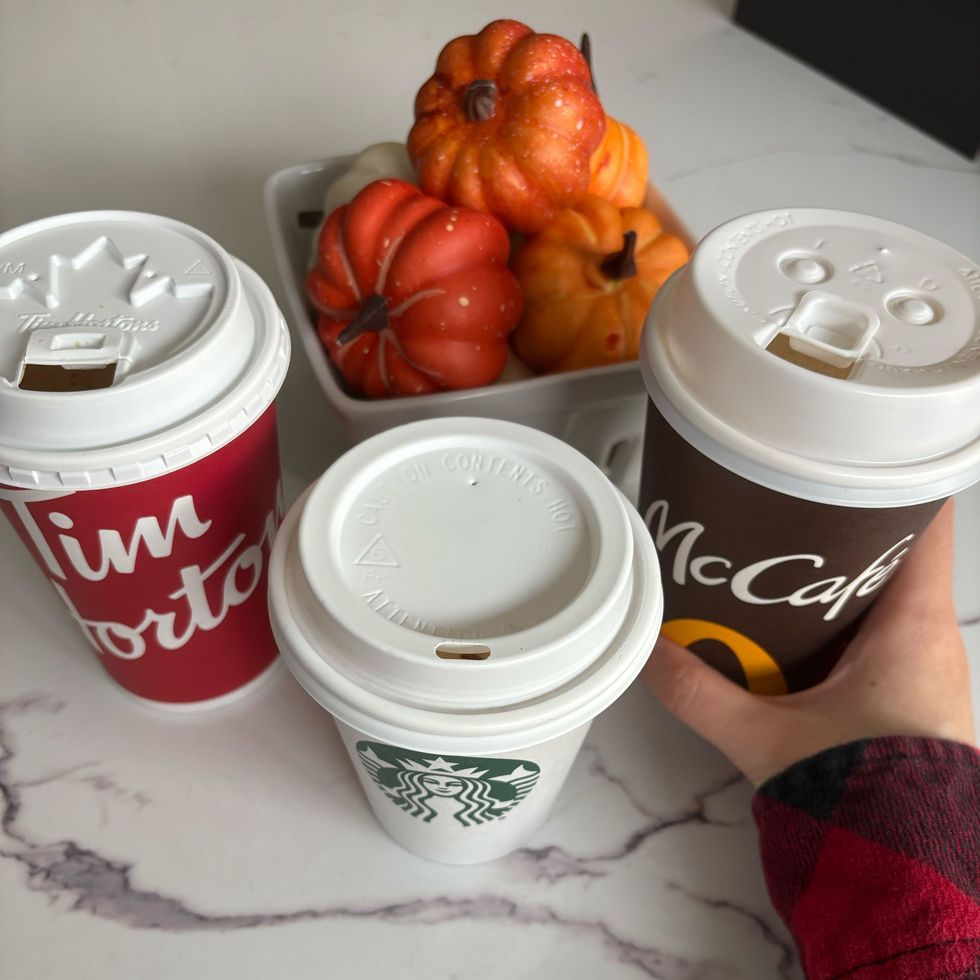 tim hortons, starbucks, mcdonald's mccafe cups with psls
