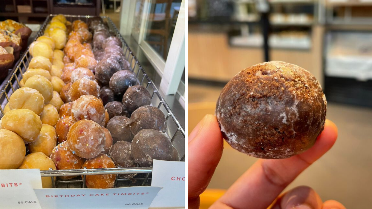 Timbits at a Tim Hortons in Toronto. Right: A chocolate glazed Timbit.