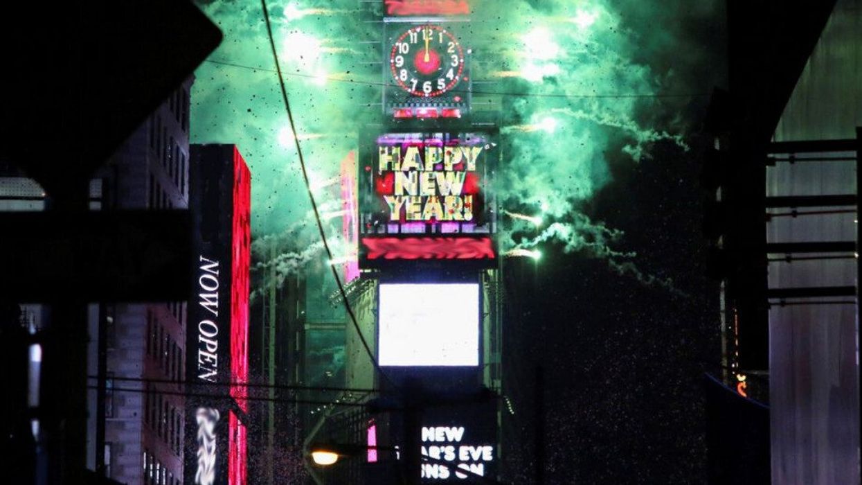 Times Square at midnight on New Year's Eve.