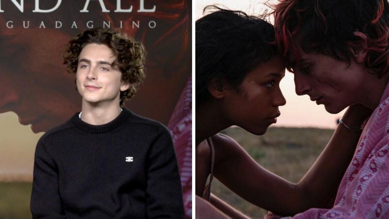 Timothee Chalamet. Right: Taylor Russell and Timothee Chalamet in "Bones and All."