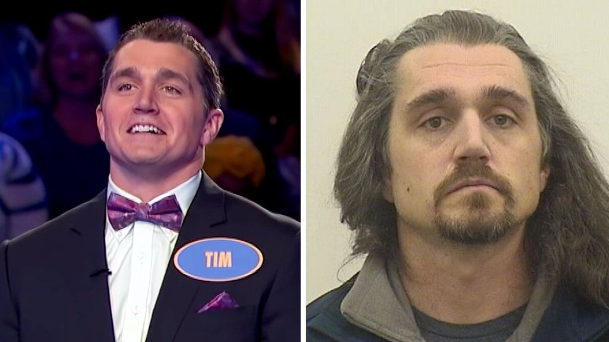 Timothy Bliefnick on Family Feud. Right: Timothy Bliefnick in a mugshot photo.