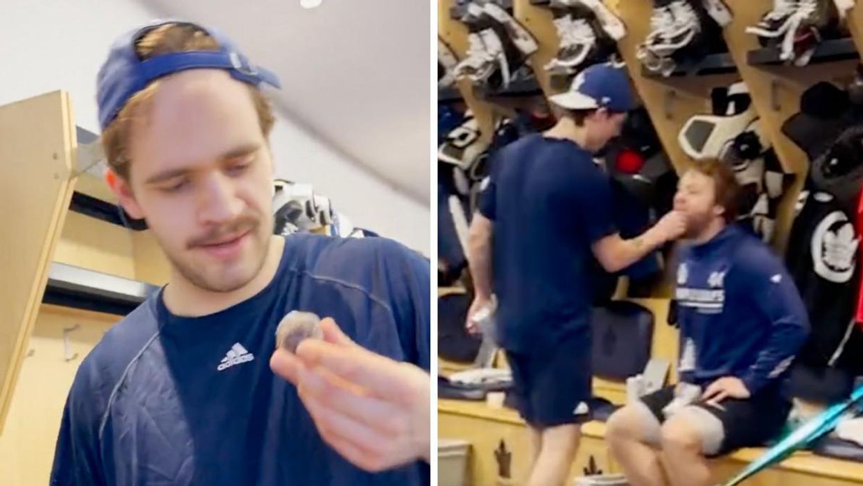Timothy Liljegren looking at a Timbit. Right: Michael Bunting feeding Morgan Rielly a Timbit.