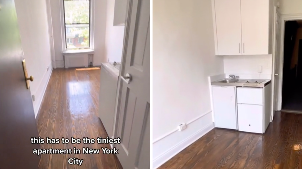 Tiny apartment entryway. Right: The kitchenette in the apartment.