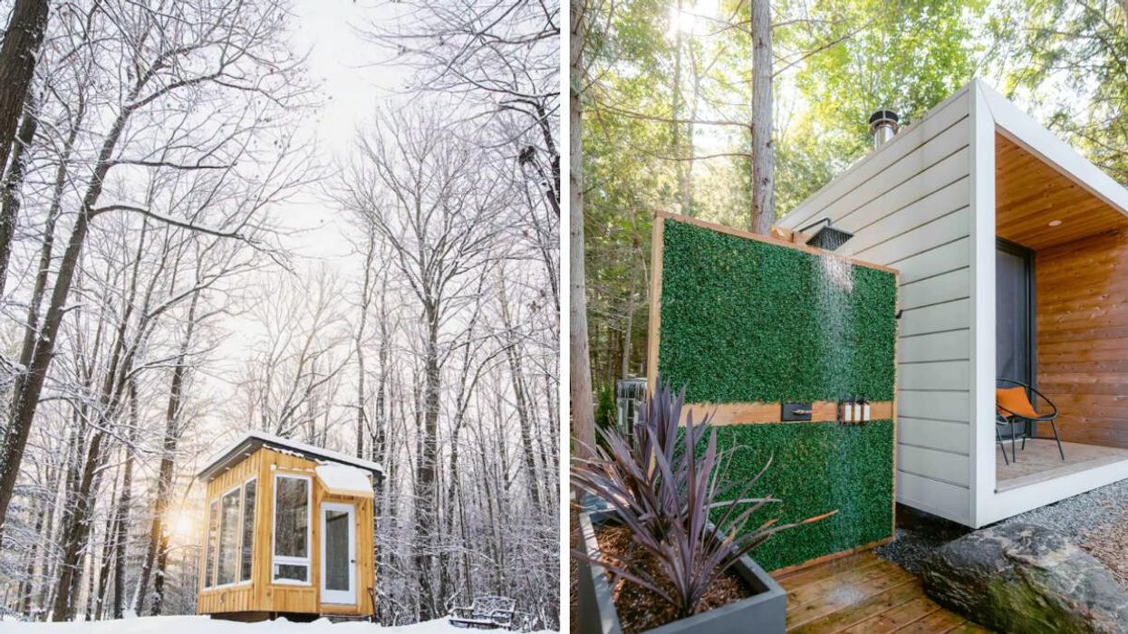 Tiny cabin in a snowy forest. Right: Outdoor shower at an Airbnb.