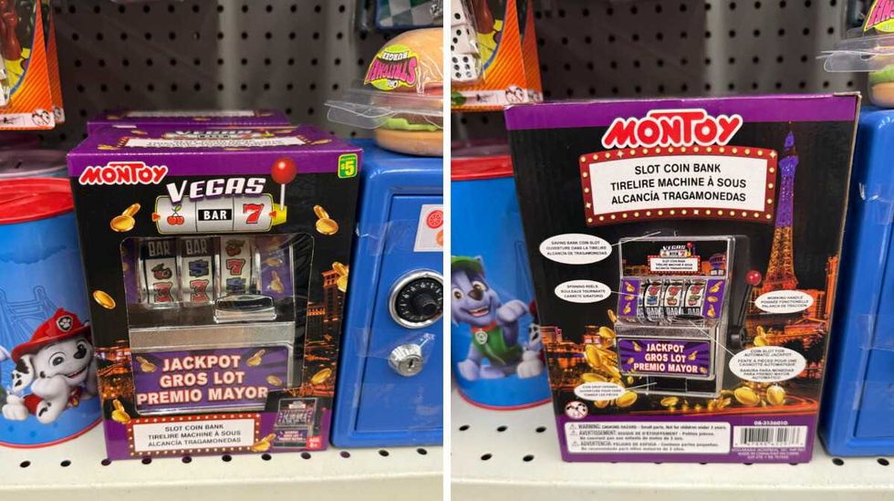 Tirelire Montoy en forme de machine \u00e0 sous de Las Vegas avec poign\u00e9e et rouleaux, vendue 5 $ chez Dollarama.