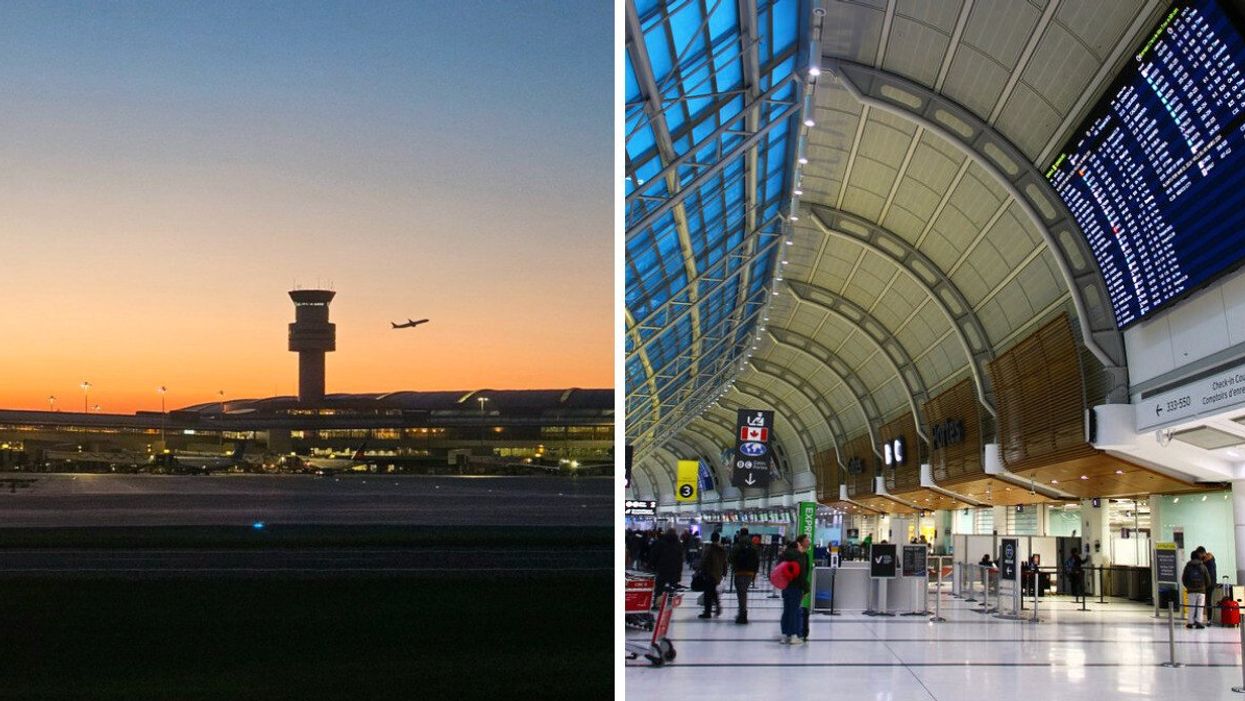 Toronto Pearson Airport at sunset. Right: A terminal in Toronto Pearson Airport.