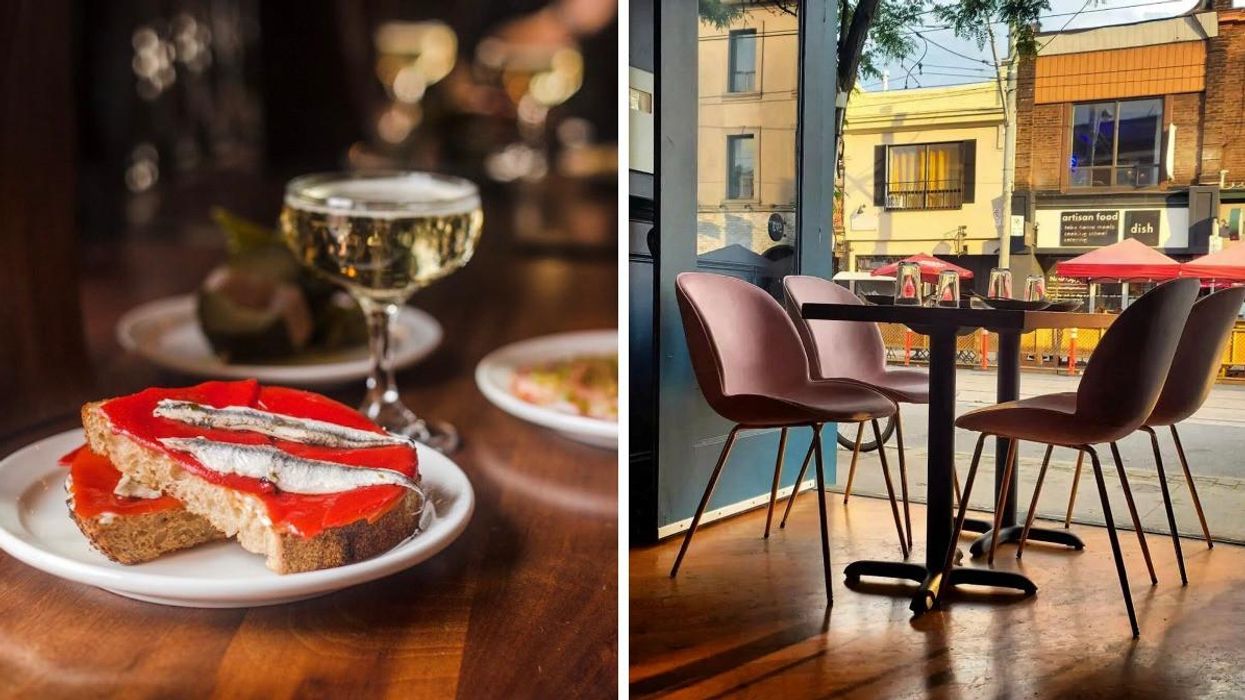 Toast on a plate at Bar Raval. Right: Table and chairs at a restaurant overlooking a city street.