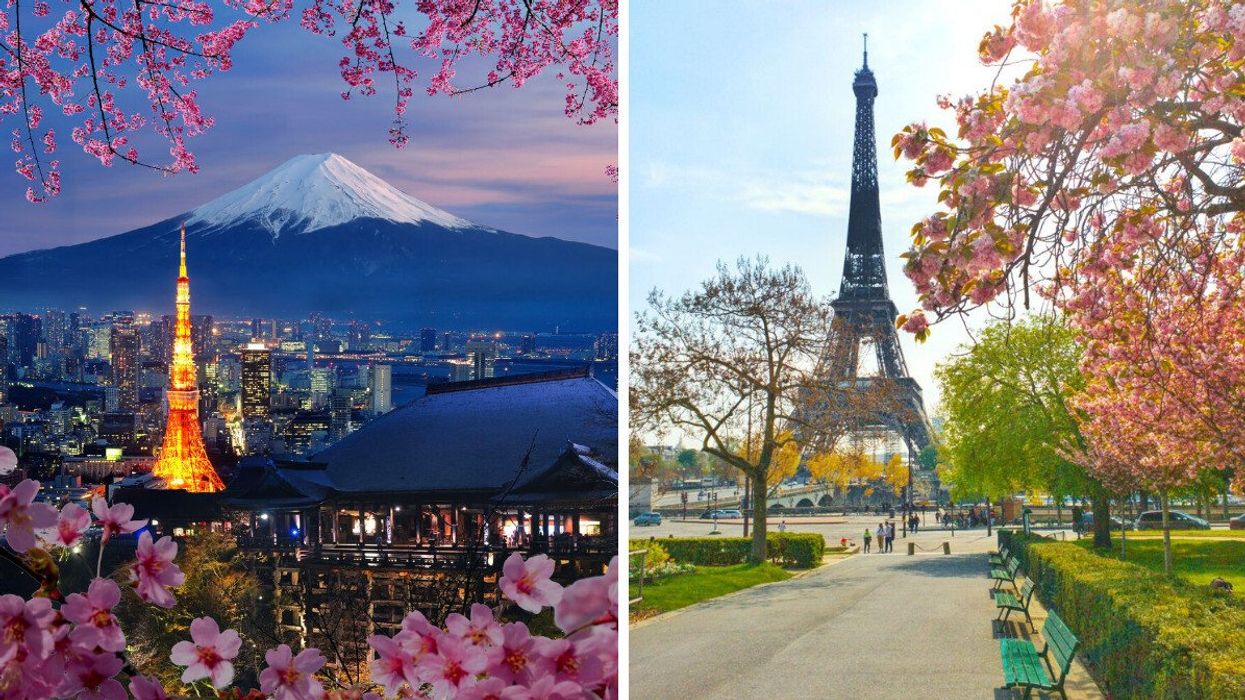 Tokyo Tower and Mount Fuji in Japan. Right: The Eiffel Tower in Paris, France.